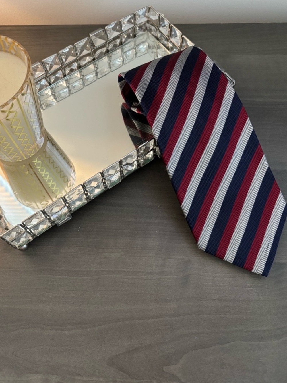Bullock & Jones Handmade Italian Silk Tie Navy Red Silver Stripe Classic Tie - Picture 2 of 5